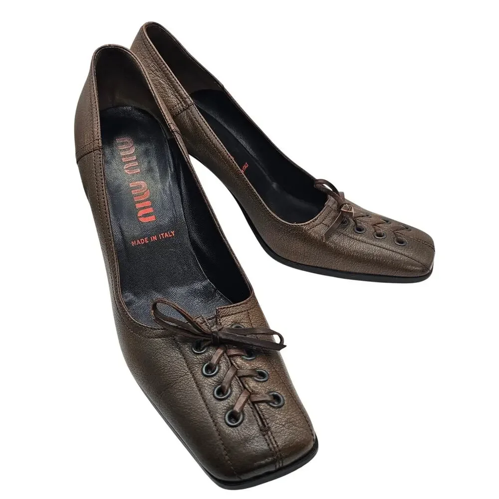 Miu Miu Vintage 90s Brown Leather Lace Up Corset Square Toe Pump Heels 40 9